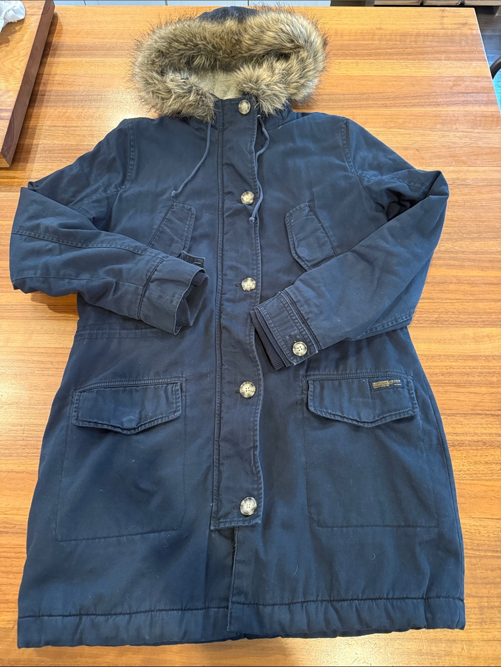 Abercrombie & Fitch Navy Hooded Parka with Faux Fur Trim sz M